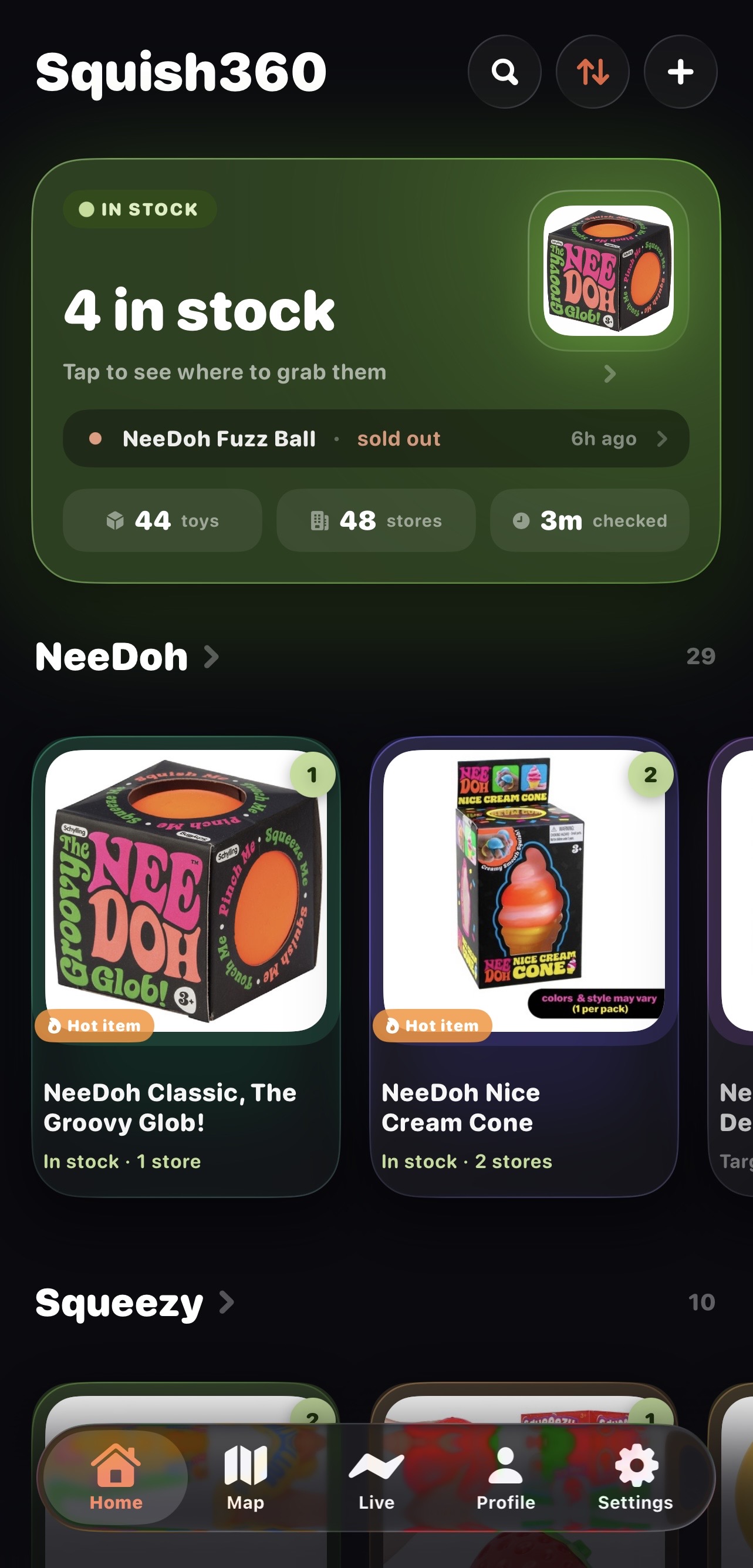 Squish360 home screen showing tracked products and in-stock alerts