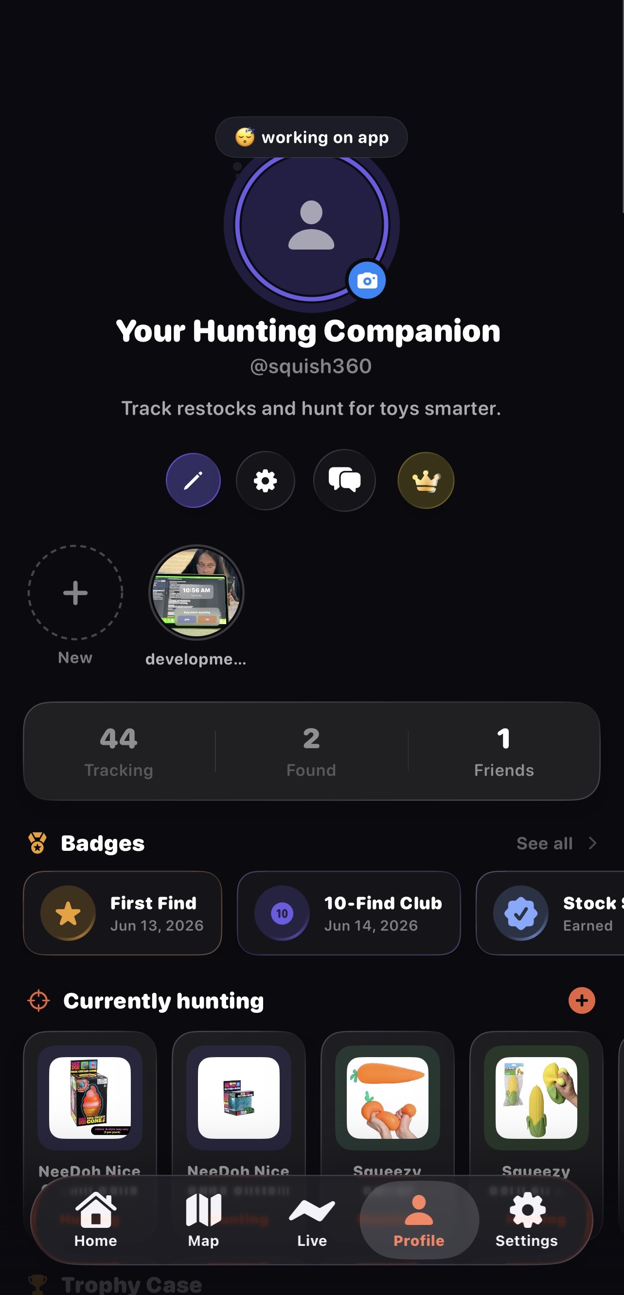 Squish360 profile with badges, currently hunting, and trophy case